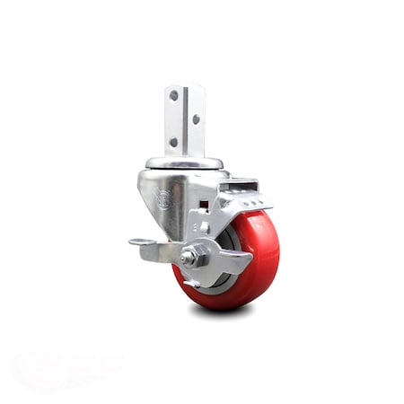 3 Inch Red Polyurethane Wheel Swivel 7/8 Inch Square Stem Caster With Brake